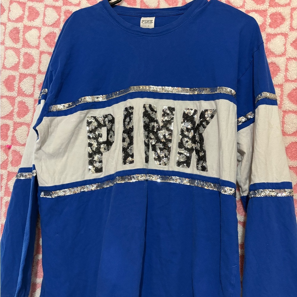 PINK Victoria's Secret Womens Blue Sequin Long Sleeve Top